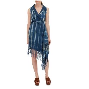 Studio 189 Indigo Cotton High-low Fringe Dress With Belt In Blue